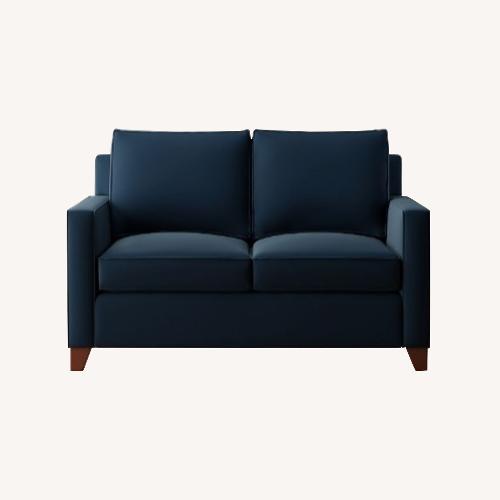 Used Pottery Barn Cameron Blue Velvet Loveseat for sale on AptDeco