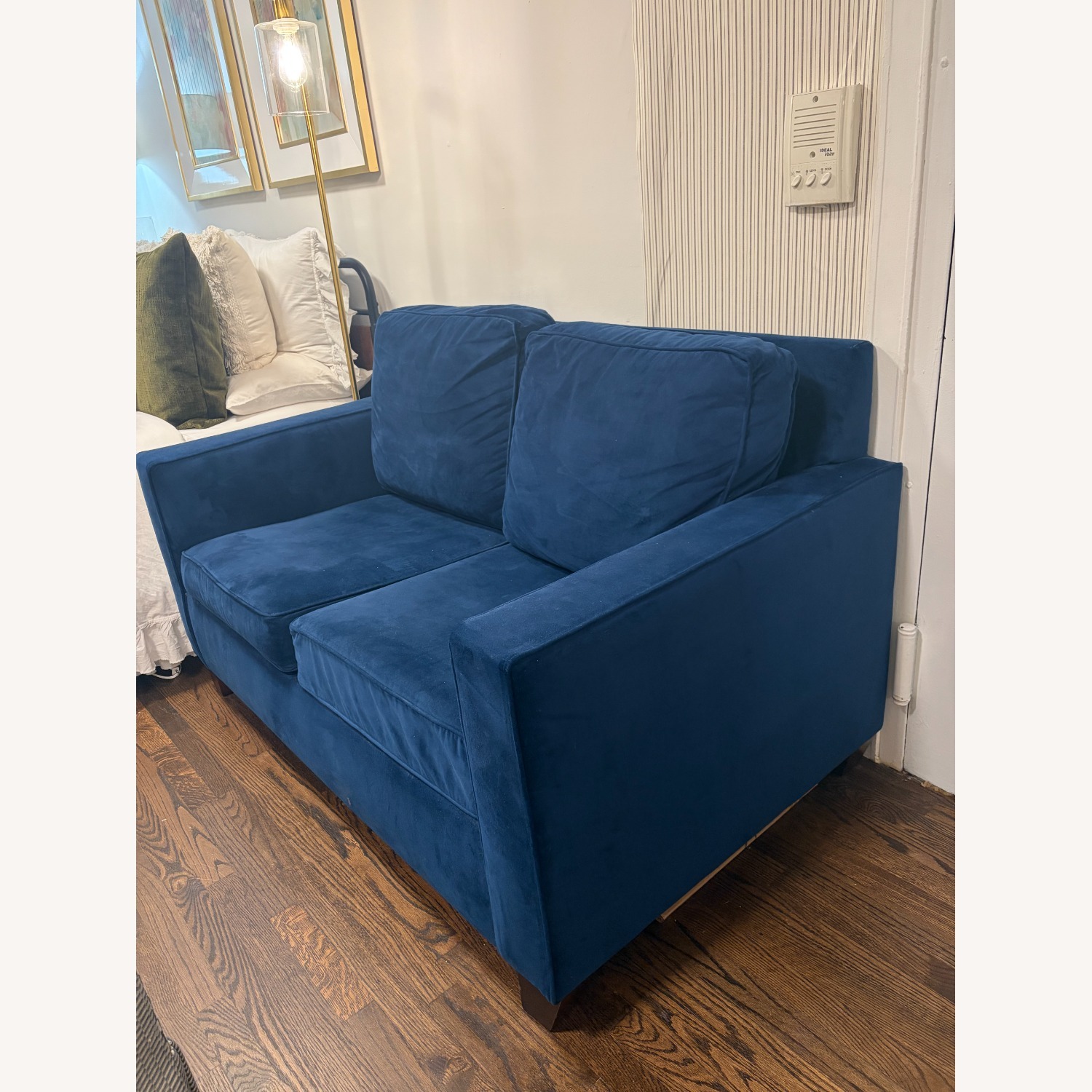 Pottery Barn Cameron Blue Velvet Loveseat - image-1