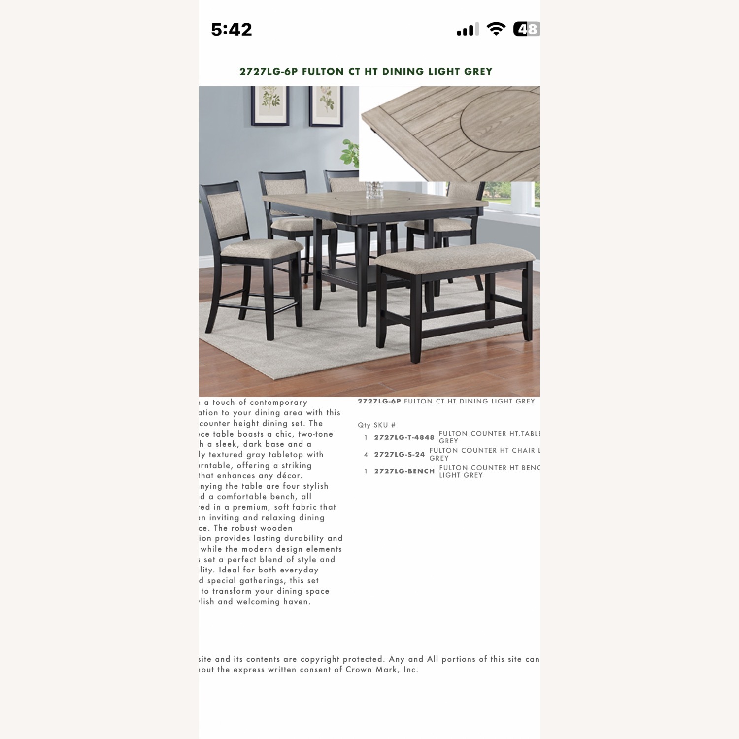 CrownMark Fulton 6-PC Counter Ht Chalk Gray Dining Set  - image-1