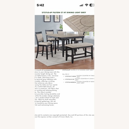 Used CrownMark Fulton 6-PC Counter Ht Chalk Gray Dining Set  for sale on AptDeco