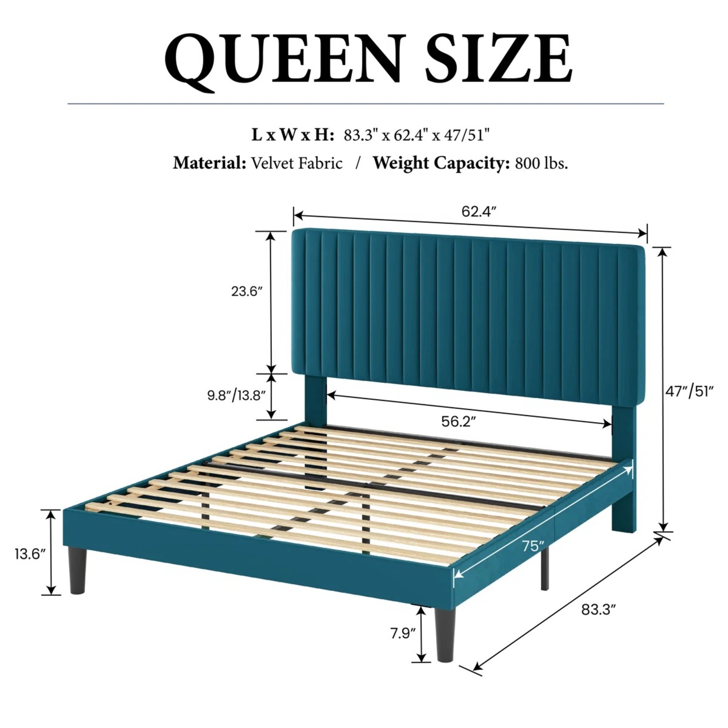 Blue Velvet Queen Size Bed Frame - image-3