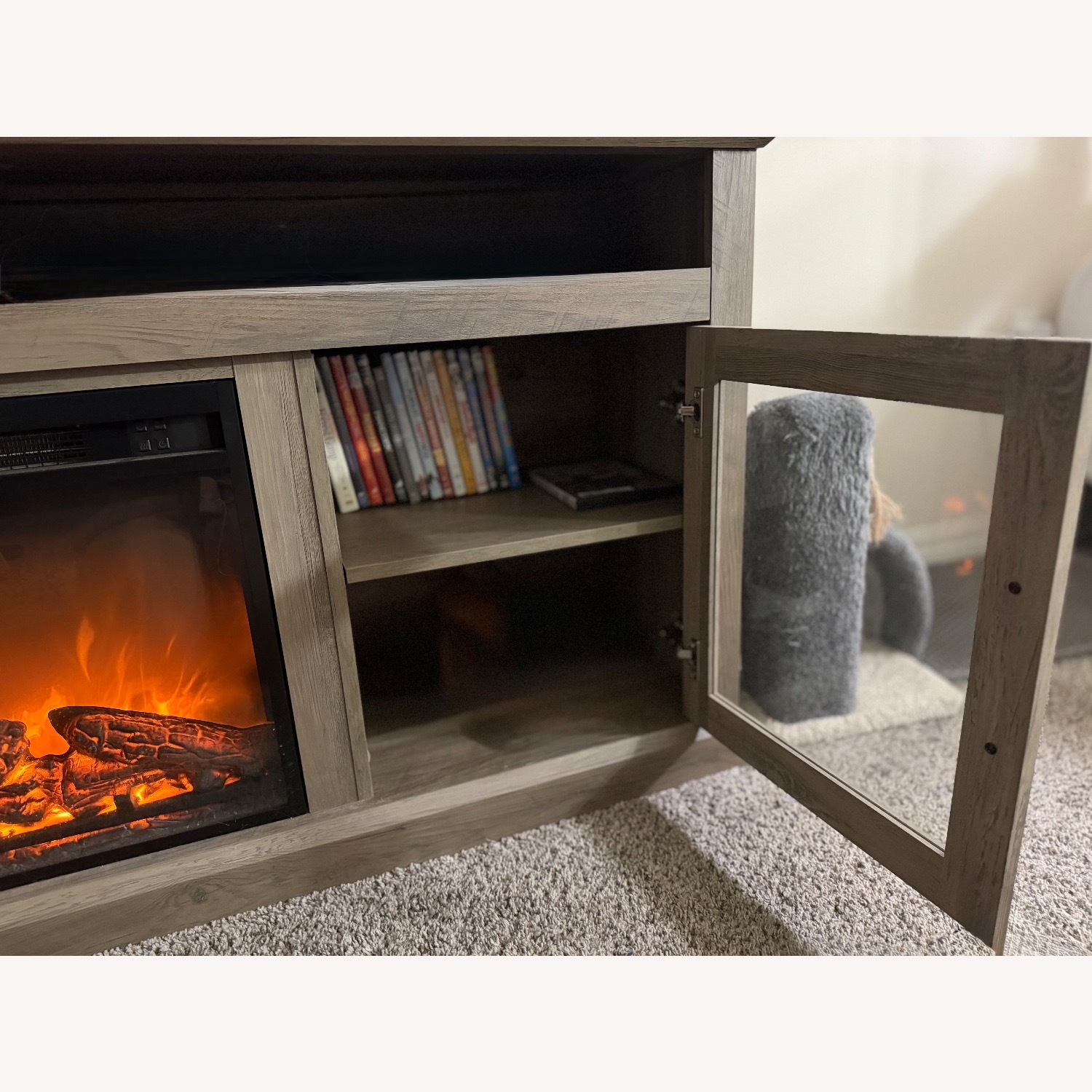 Light Gray Wood Media Storage with Faux Fireplace - image-2