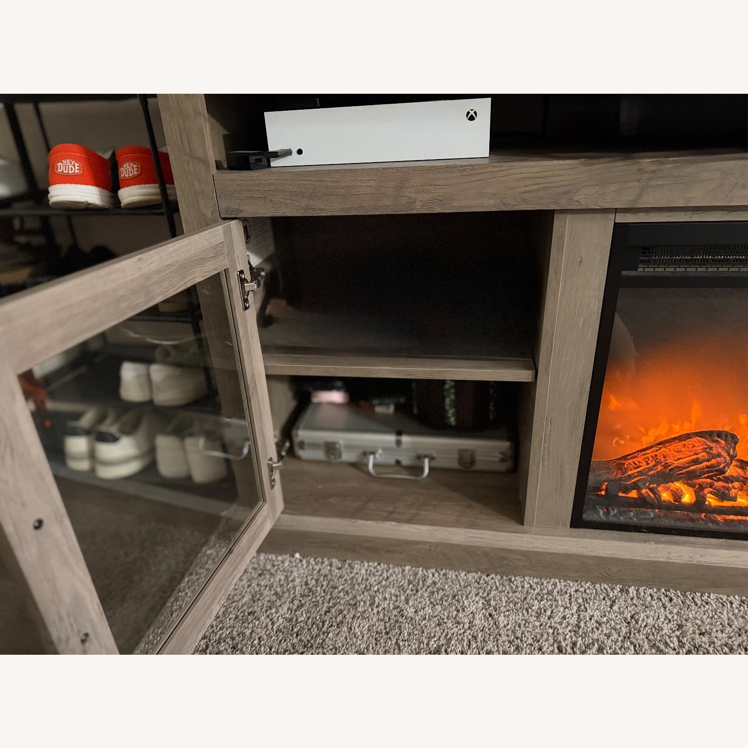 Light Gray Wood Media Storage with Faux Fireplace - image-1