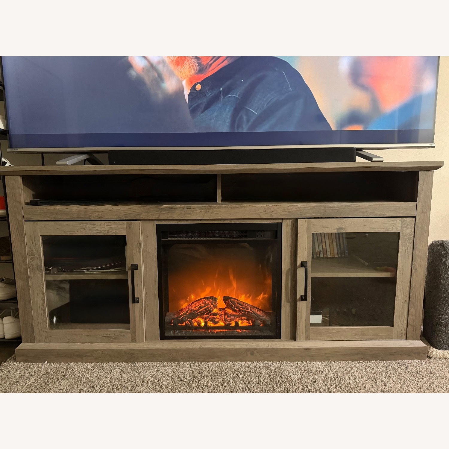 Light Gray Wood Media Storage with Faux Fireplace - image-3