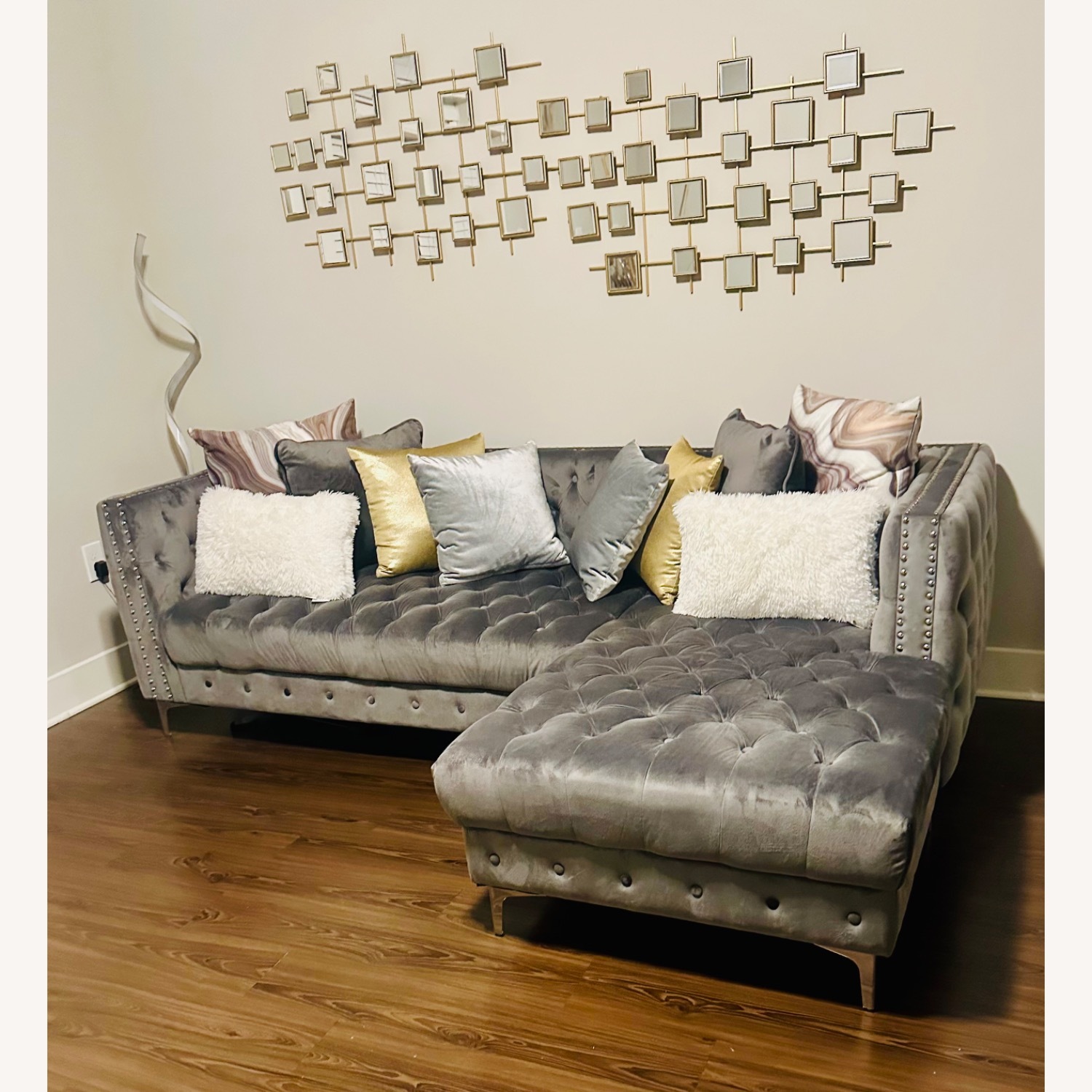 Beautiful Gray Velvet Sectional (Chaise) - image-2