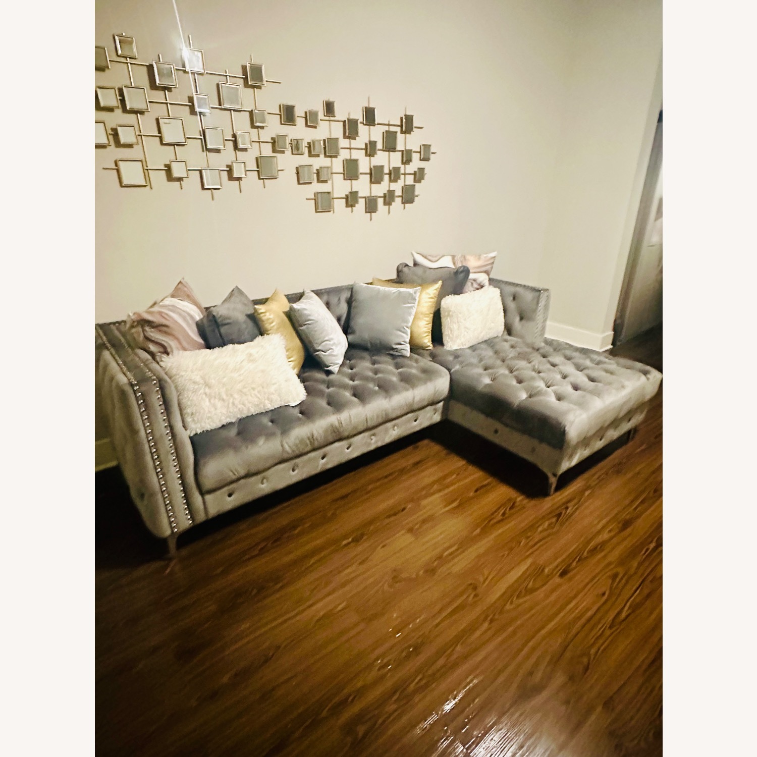 Beautiful Gray Velvet Sectional (Chaise) - image-3