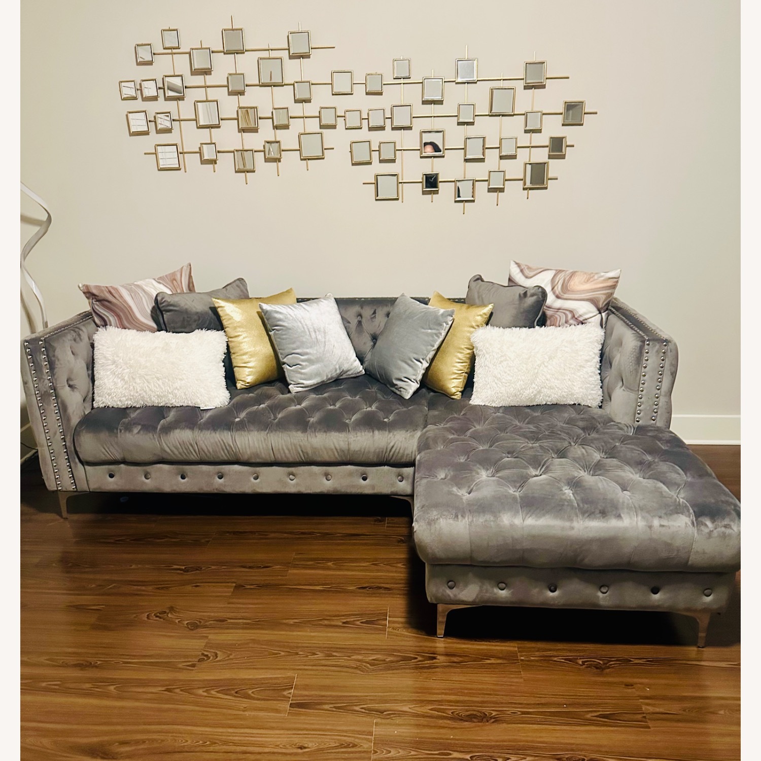 Beautiful Gray Velvet Sectional (Chaise) - image-1