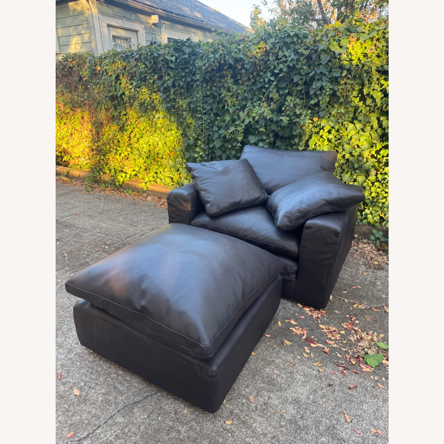 Restoration Hardware Cloud Leather Cloud Chair and Ottoman Set Dark Brown - image-6