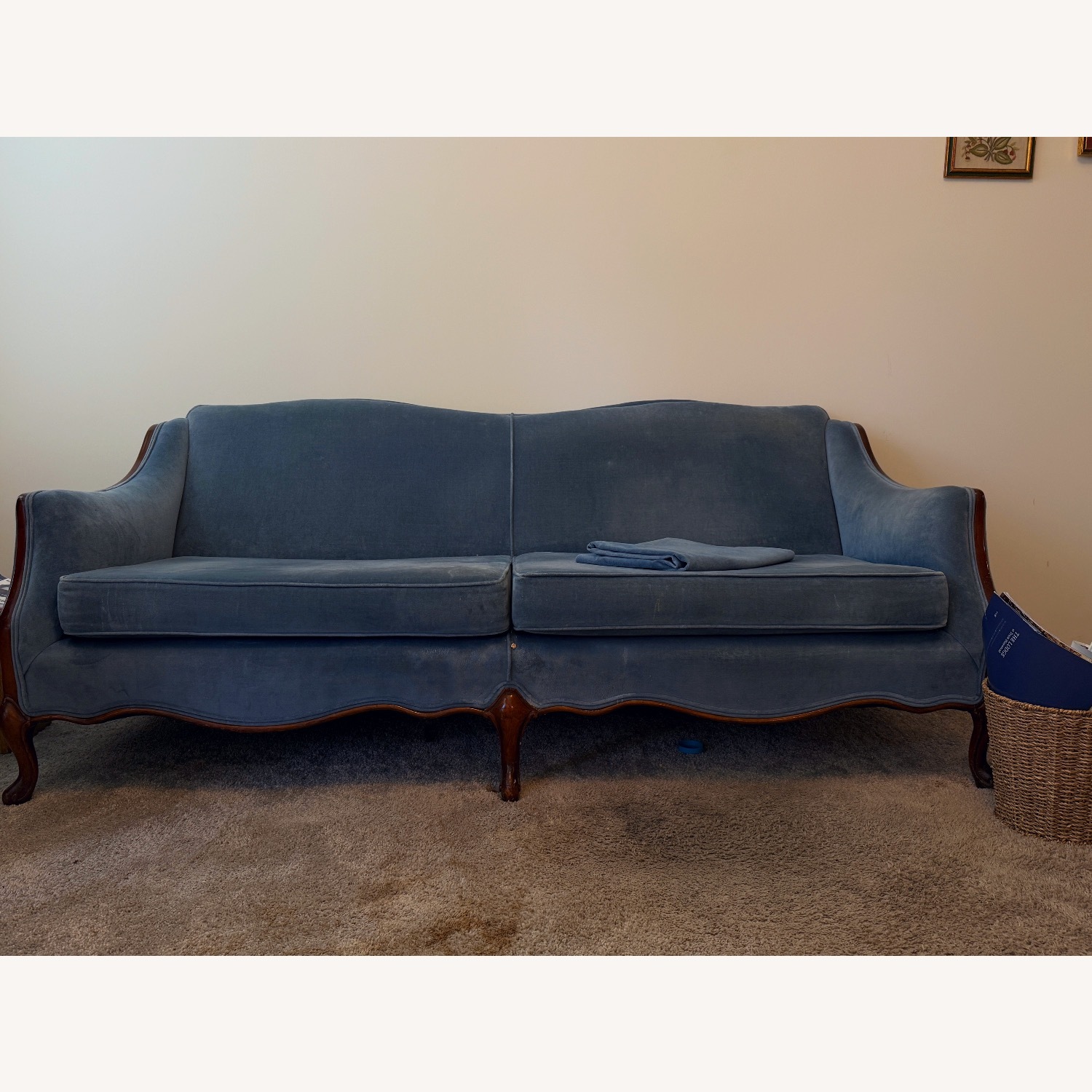 Vintage/Antique Blue Velvet Sofa - image-1