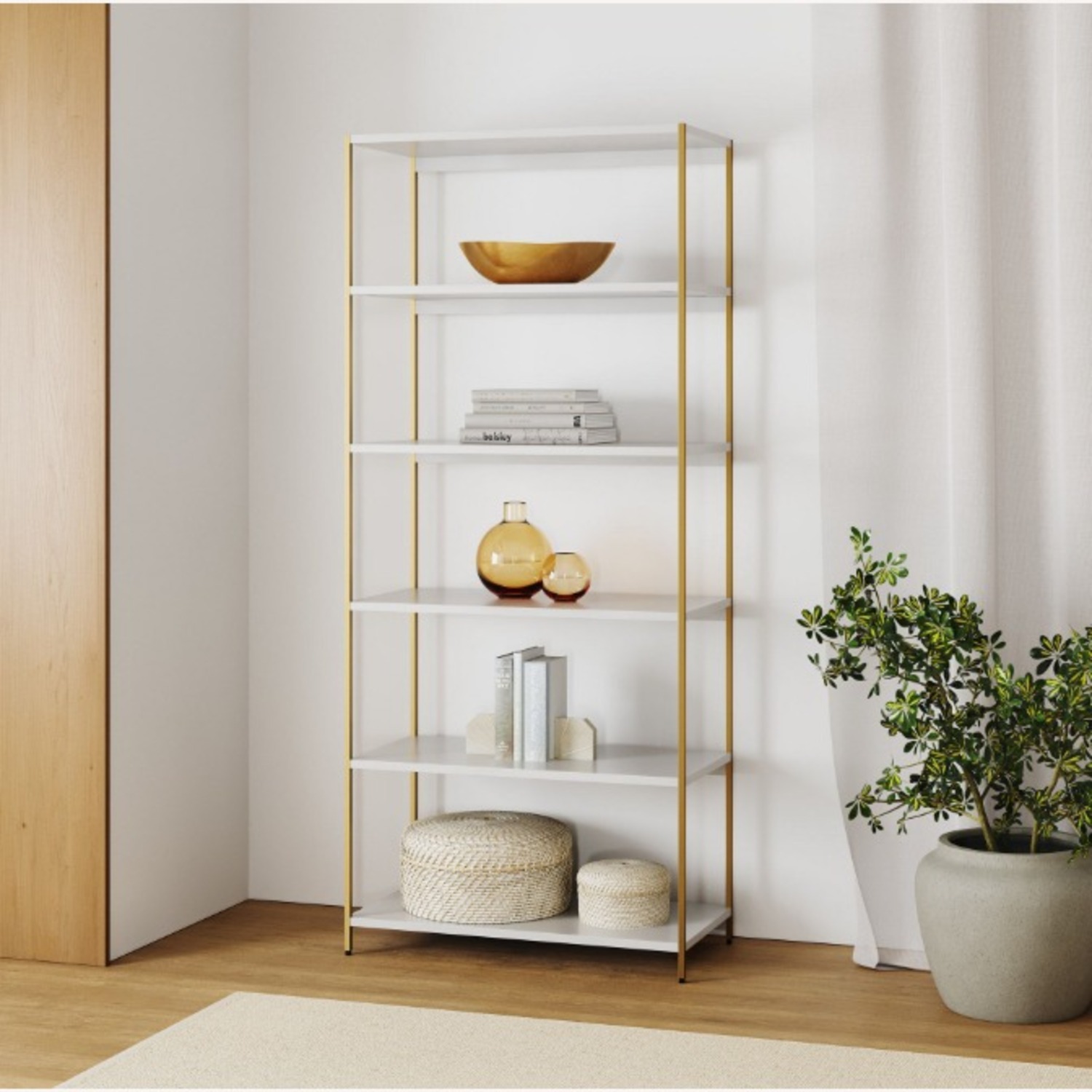 West Elm Zane Wide Bookshelf, White/Antique Brass - image-2