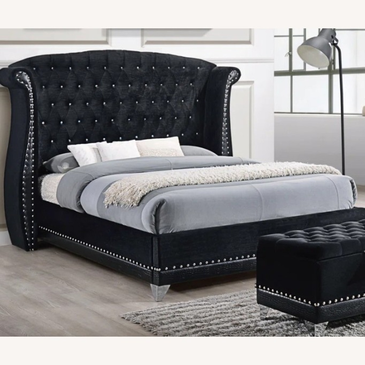 Modern Velvet King Studded Bed Frame - image-1