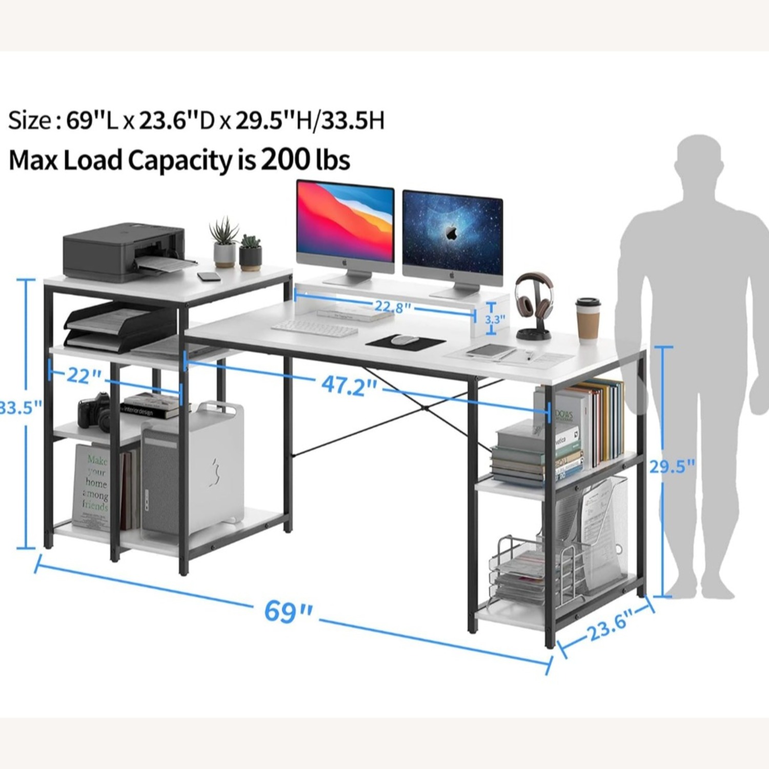 69" White Desk W Shelves & Cabinet - image-3