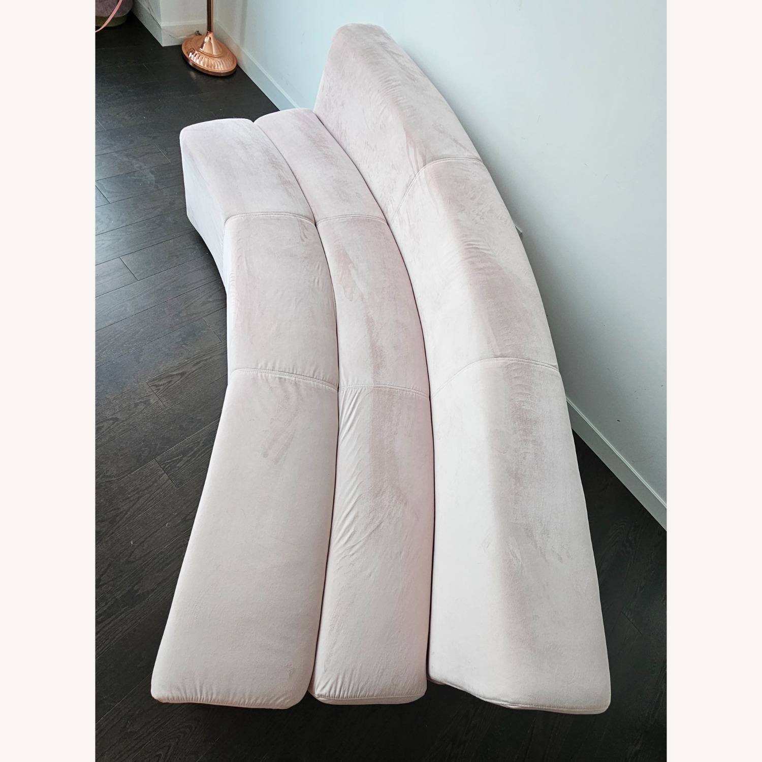Art Deco Curved Pink Blush Velvet Sofa - image-6