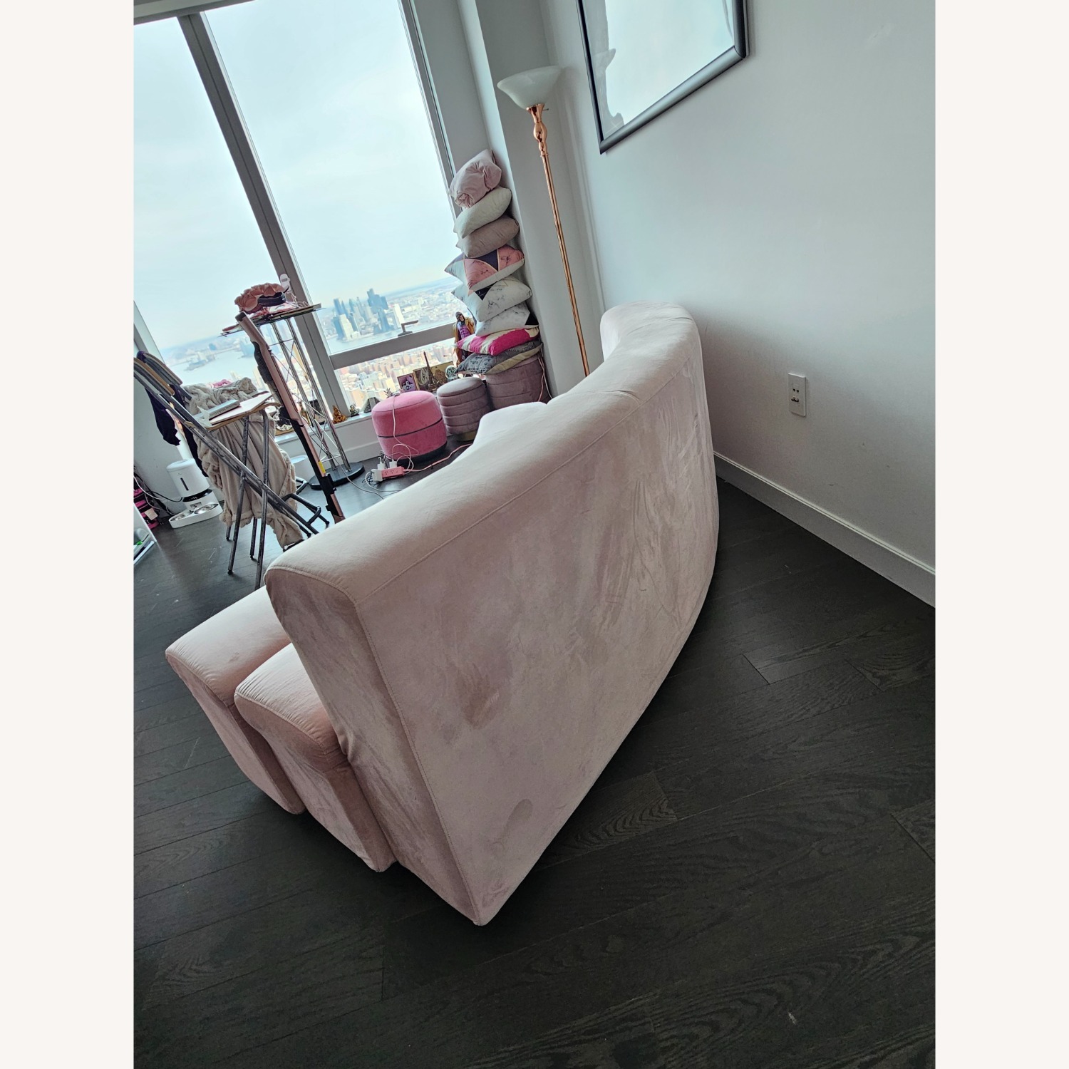 Art Deco Curved Pink Blush Velvet Sofa - image-4