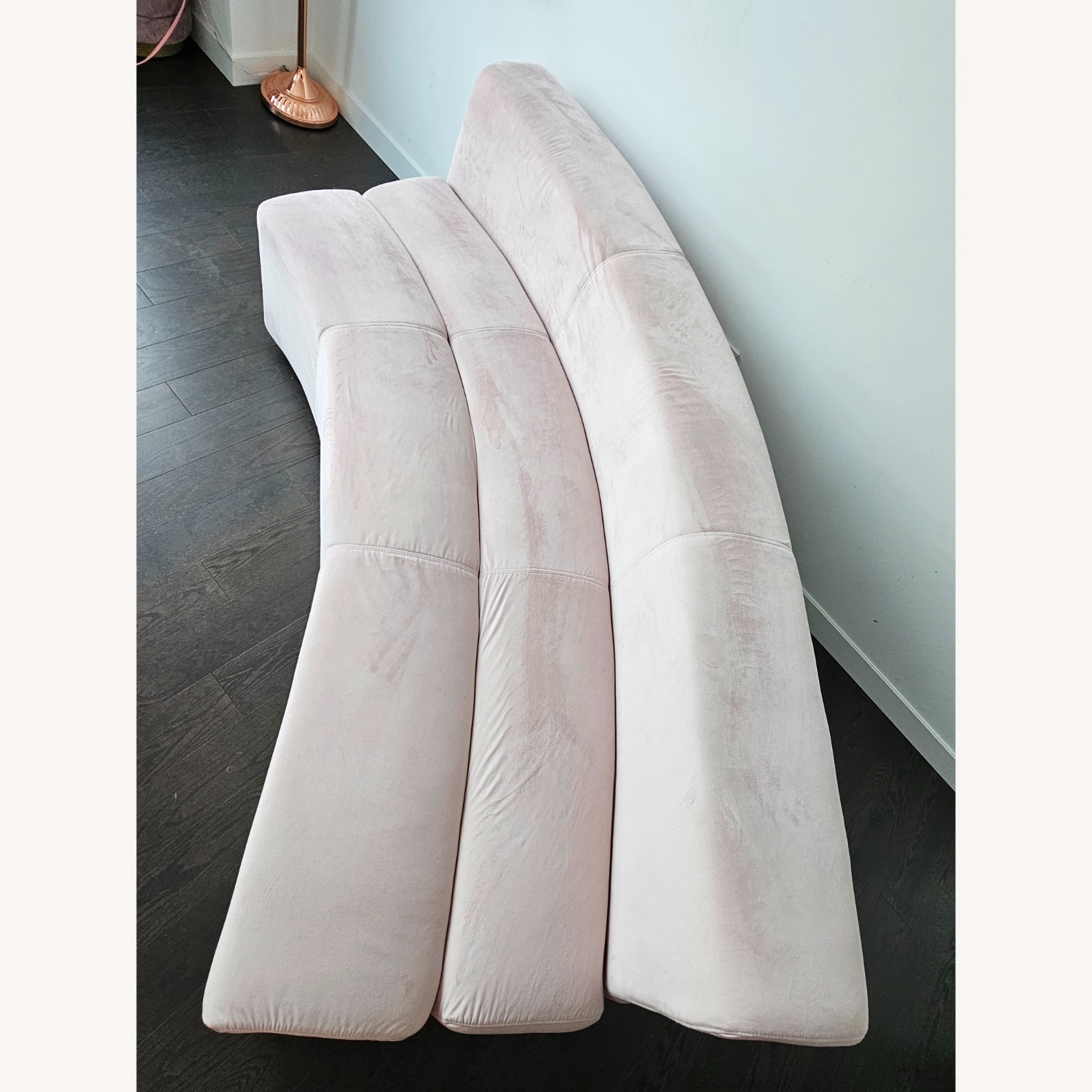 Art Deco Curved Pink Blush Velvet Sofa - image-5