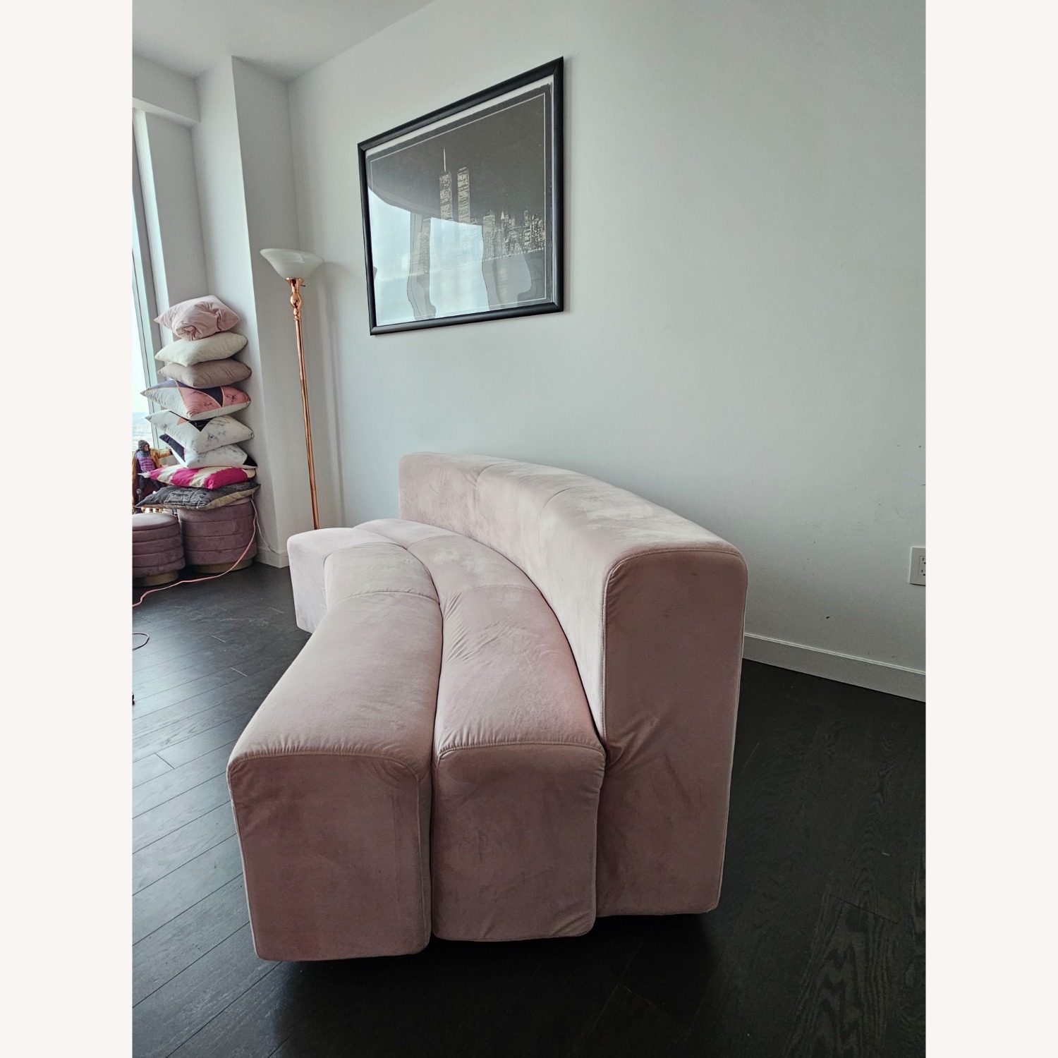 Art Deco Curved Pink Blush Velvet Sofa - image-2