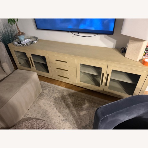 Used Graydon Shagreen Glass 4-Door Media Console with Drawers for sale on AptDeco