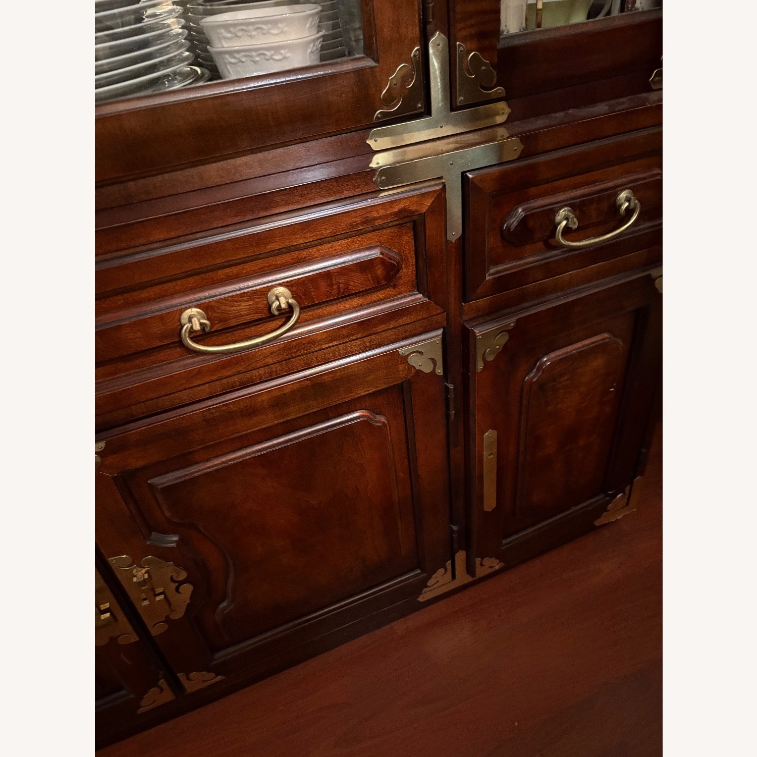 Dark Wood China Cabinet with Brass Hardware - image-3