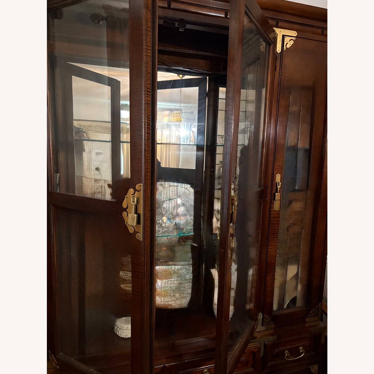 Dark Wood China Cabinet with Brass Hardware - image-7