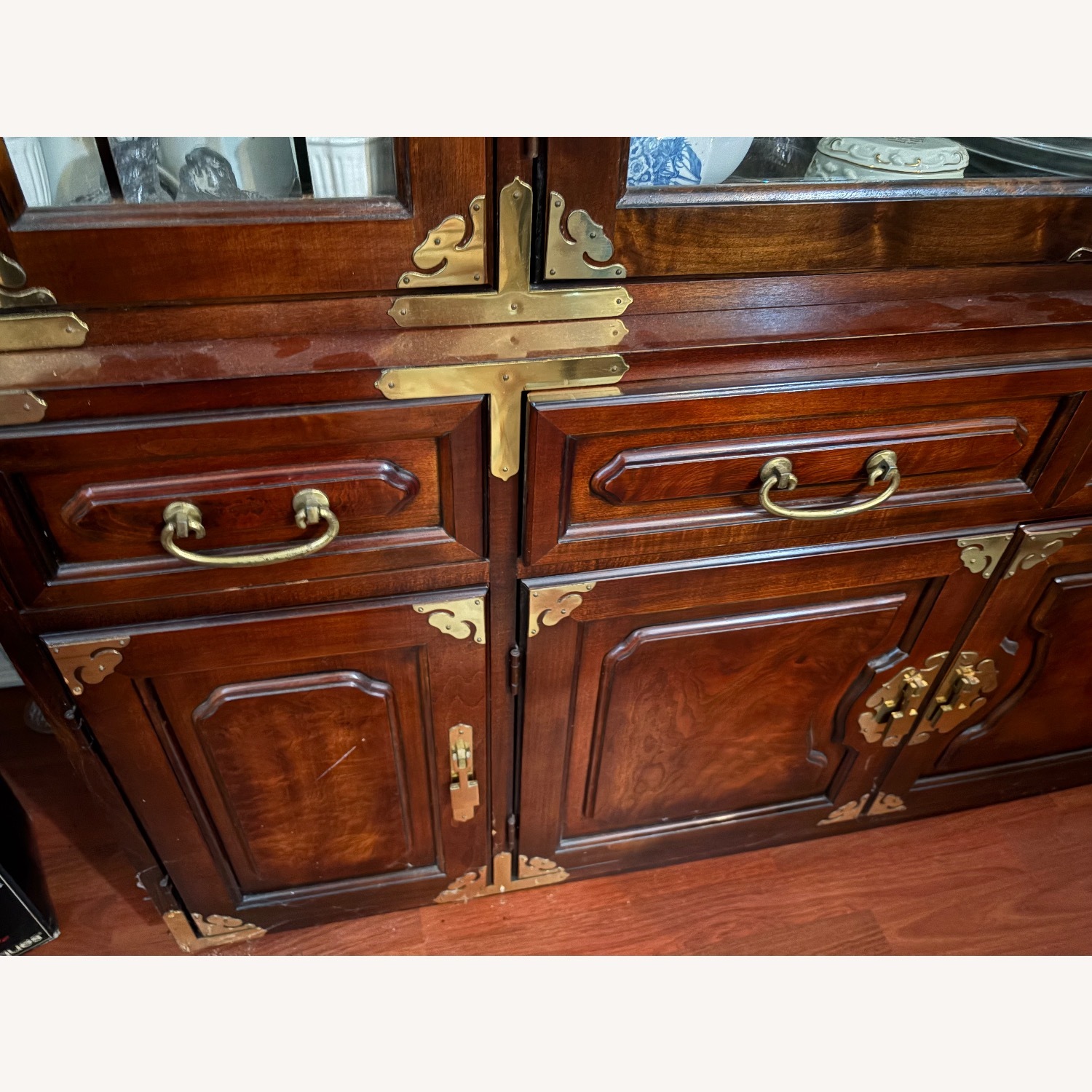 Dark Wood China Cabinet with Brass Hardware - image-2