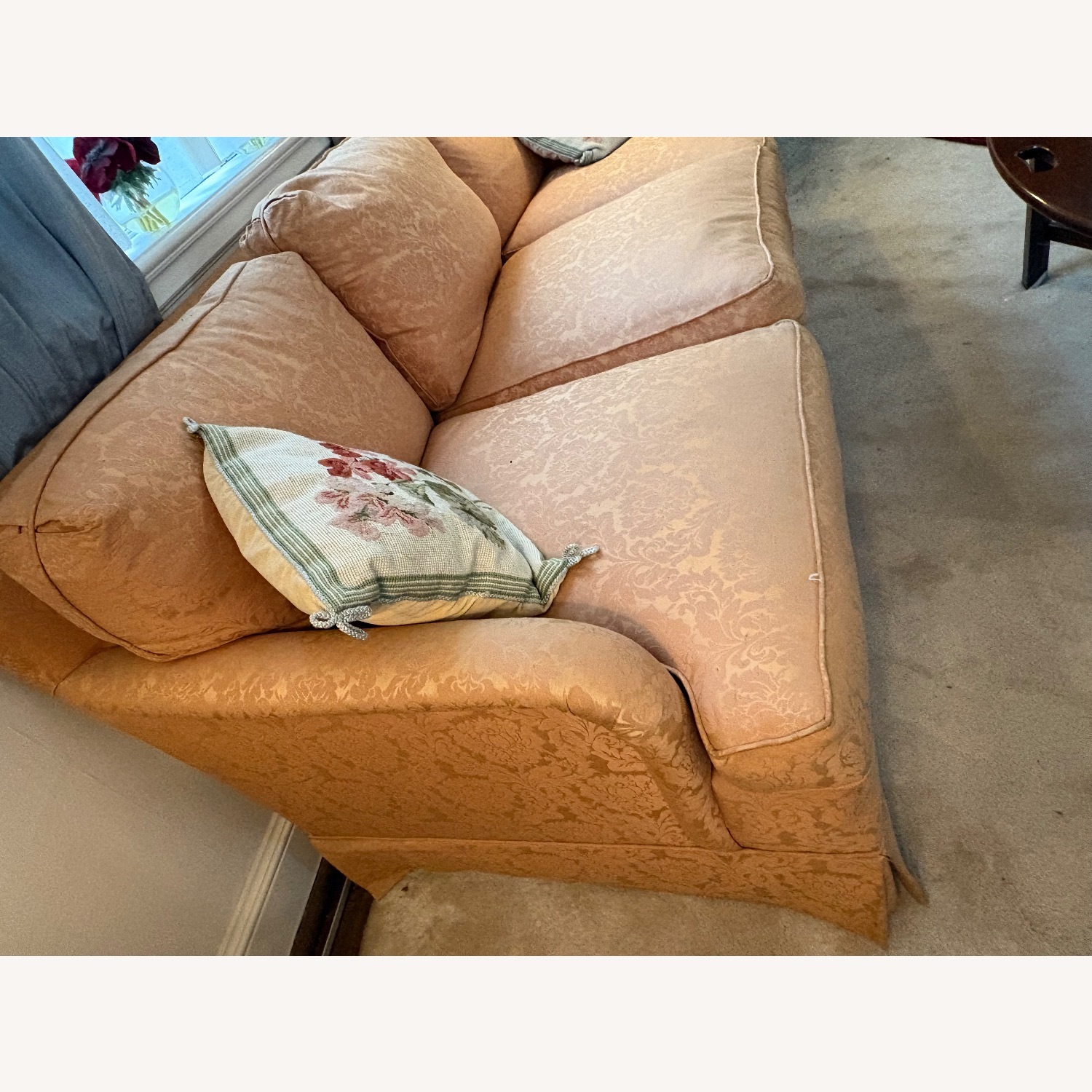 Gold Damask Upholstered Sofa - image-2