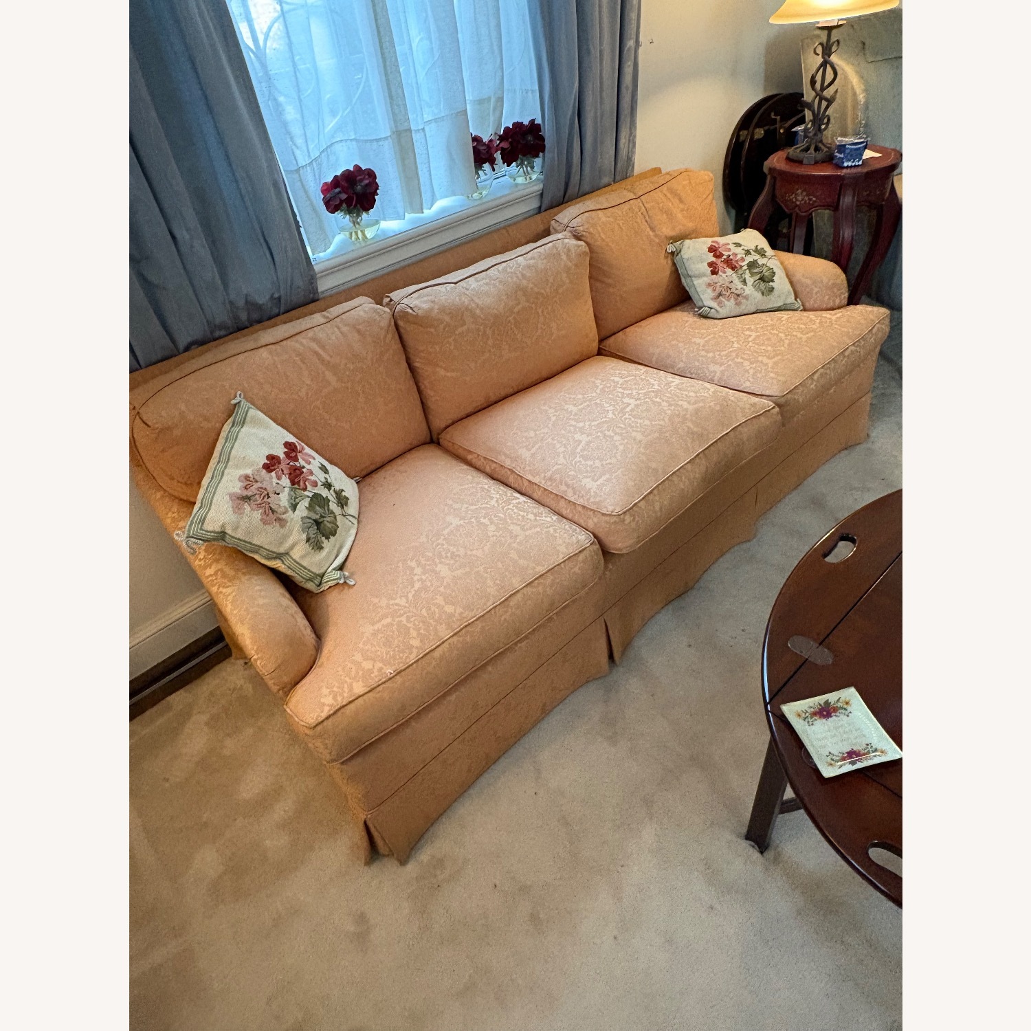 Gold Damask Upholstered Sofa - image-1