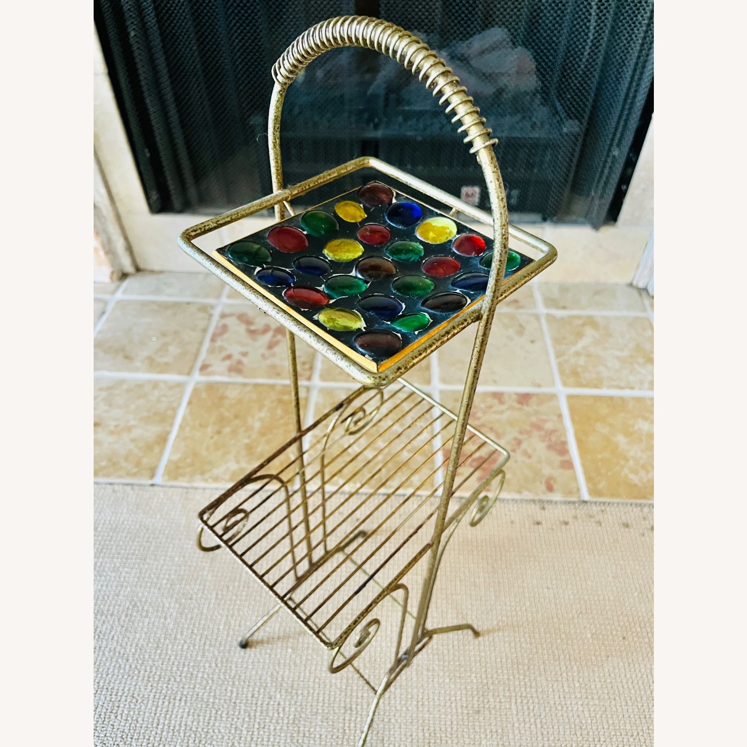 Mid Century Brass Side Table w Enameled Tray - image-7