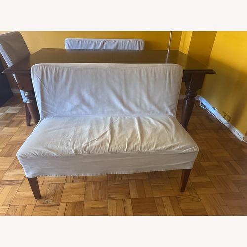 Used Pottery Barn Megan Settee Light Gray Dining Chairs for sale on AptDeco