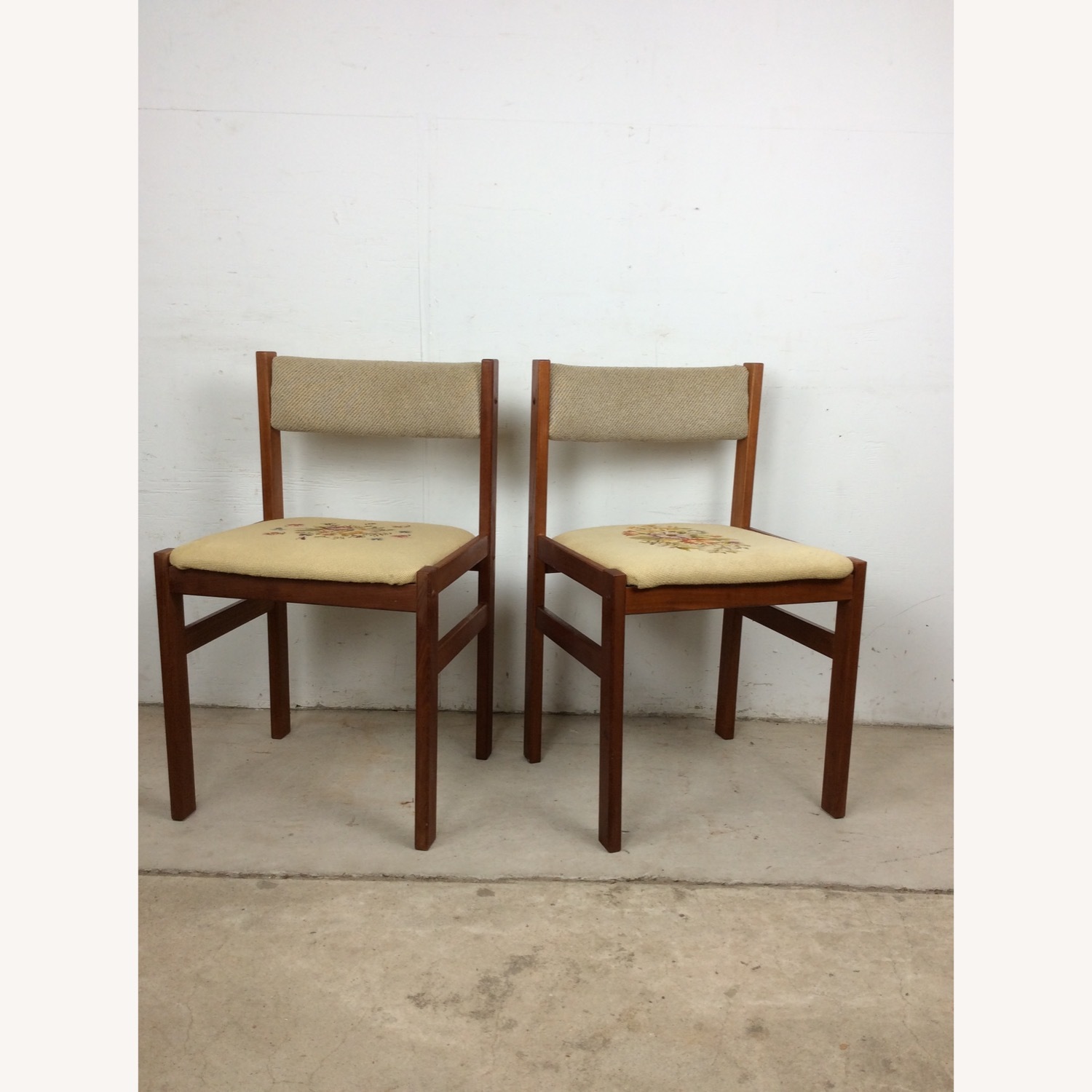 Pair Scandinavian Chairs W Embroidered Seats - image-1