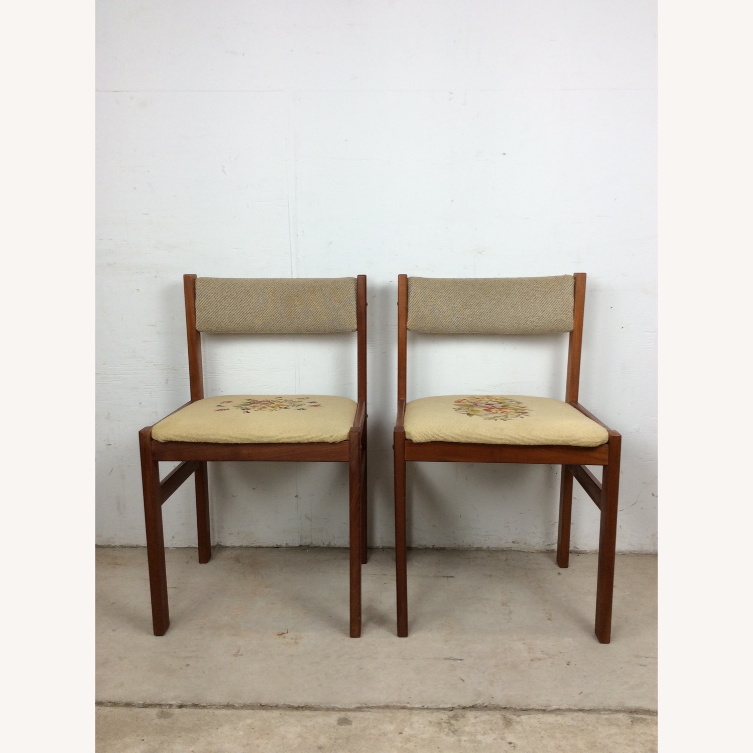 Pair Scandinavian Chairs W Embroidered Seats - image-7