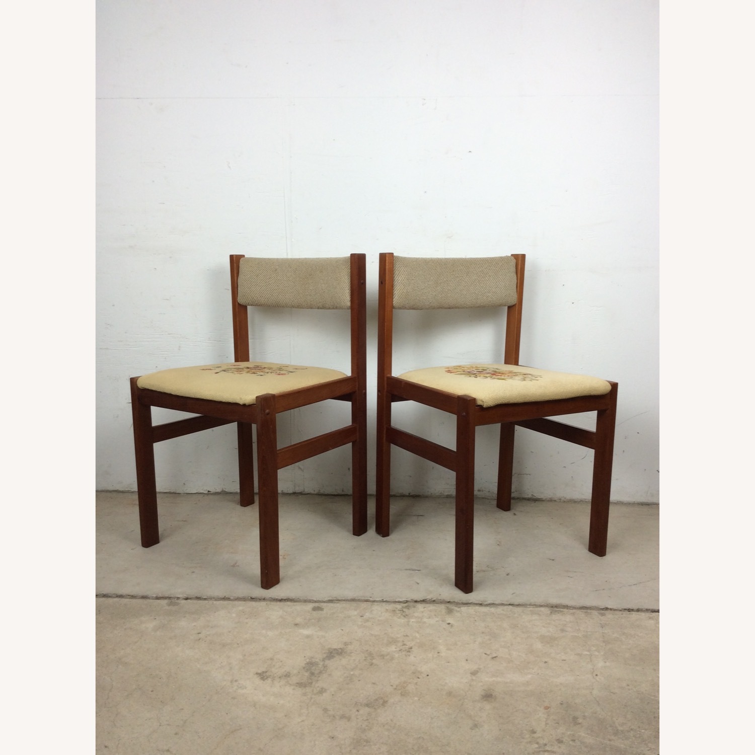 Pair Scandinavian Chairs W Embroidered Seats - image-3