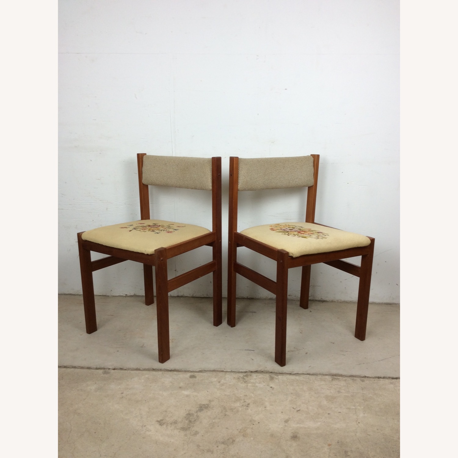 Pair Scandinavian Chairs W Embroidered Seats - image-2