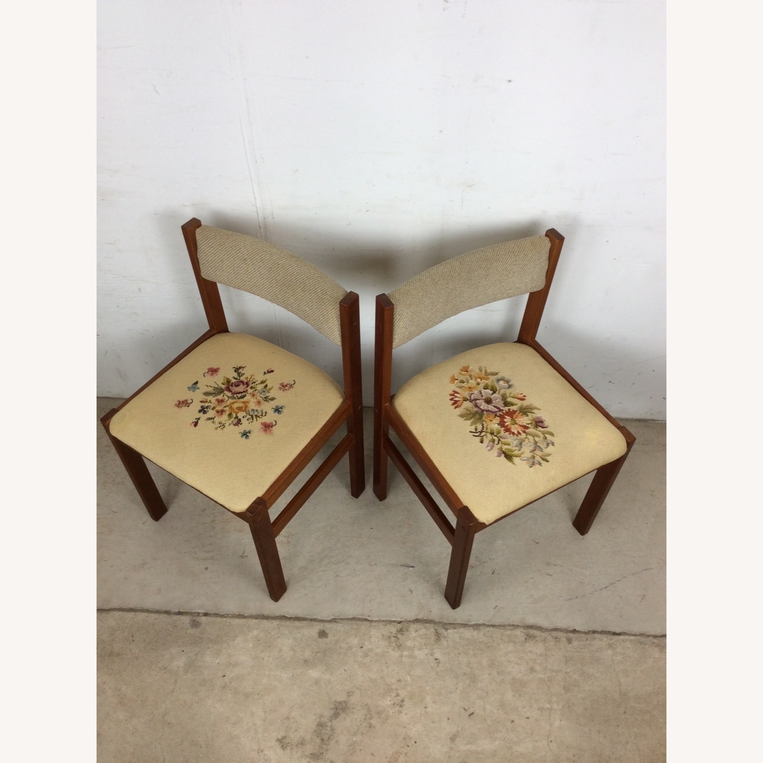 Pair Scandinavian Chairs W Embroidered Seats - image-4