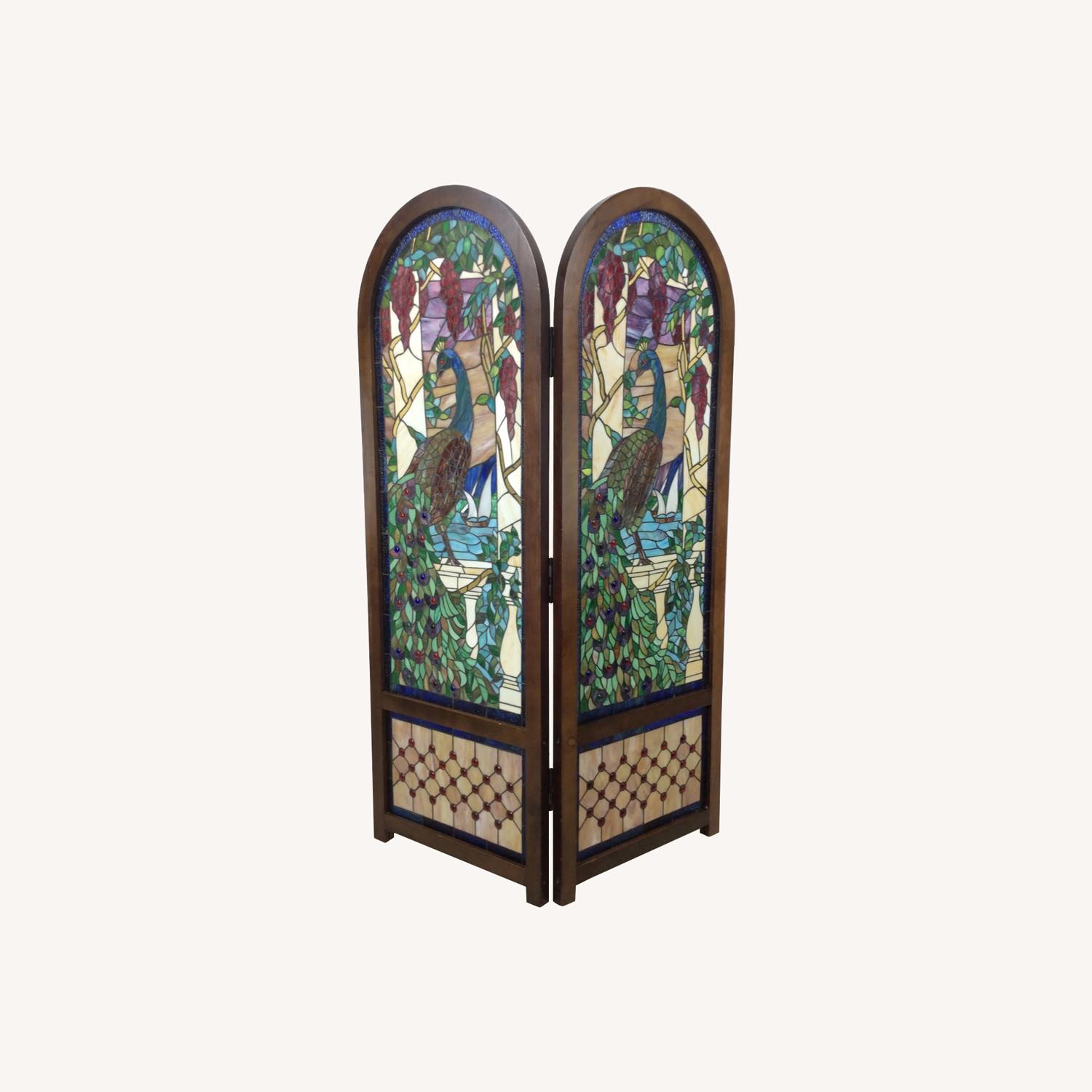 Vintage Stained Glass Peacock Room Divider Screen - image-0
