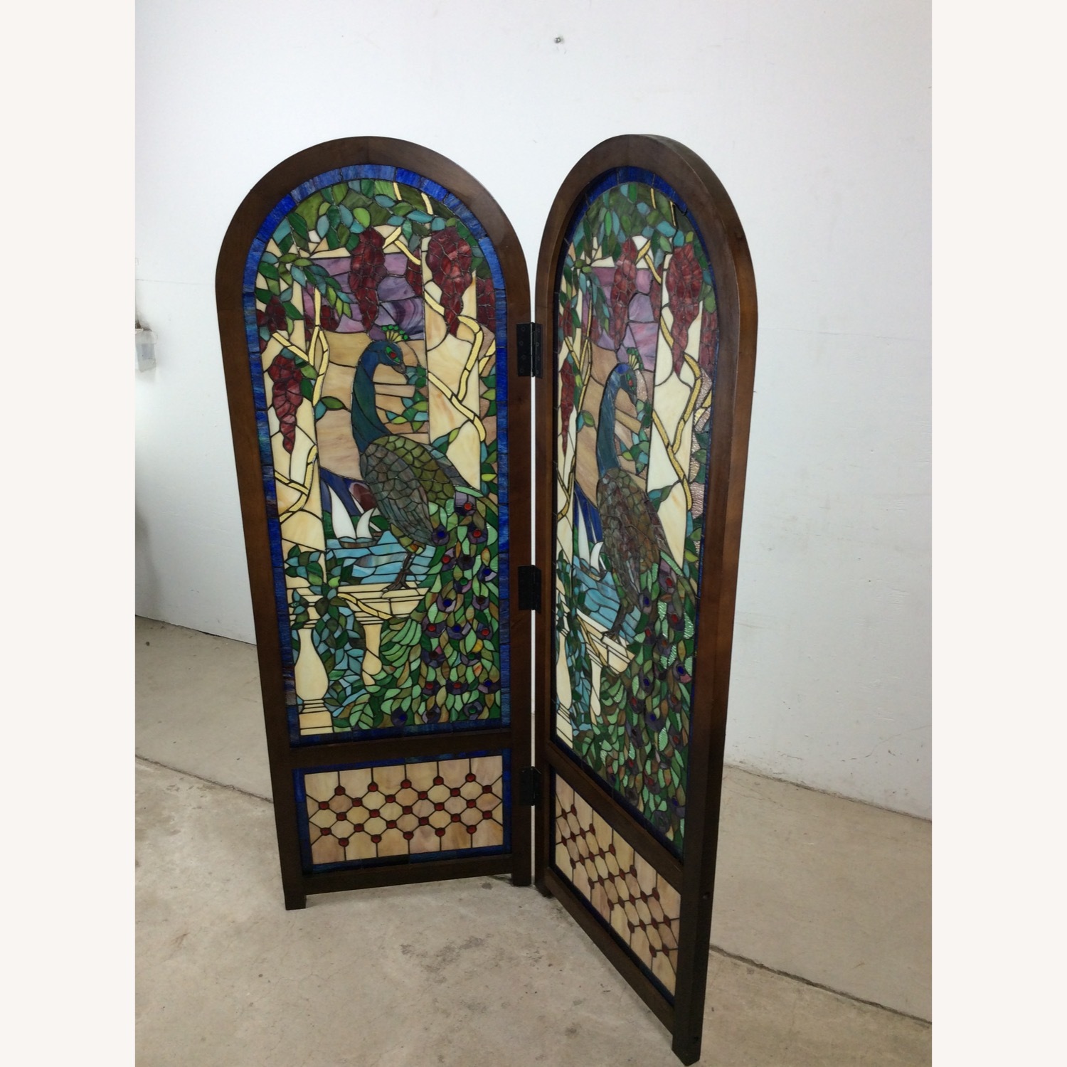 Vintage Stained Glass Peacock Room Divider Screen - image-19
