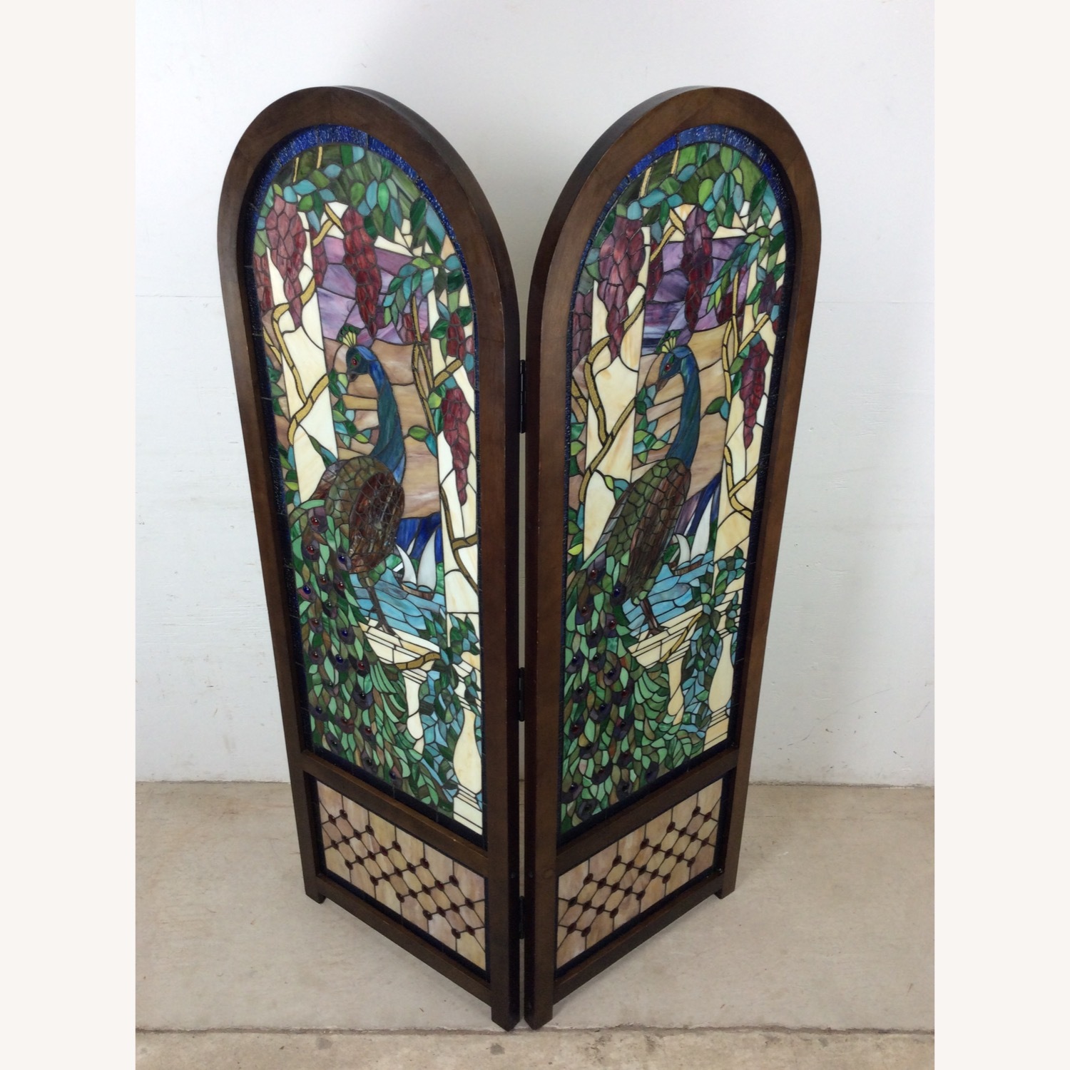 Vintage Stained Glass Peacock Room Divider Screen - image-2