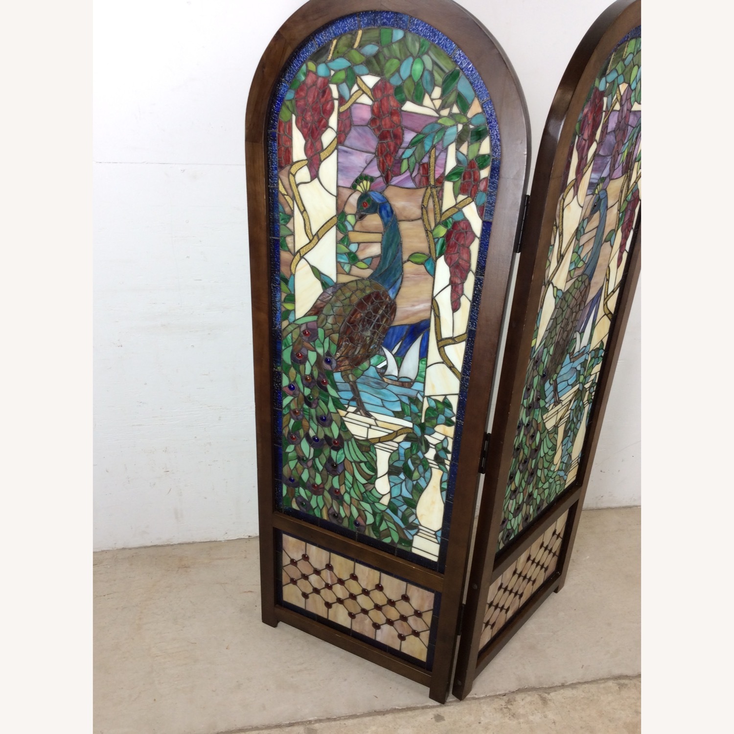Vintage Stained Glass Peacock Room Divider Screen - image-5