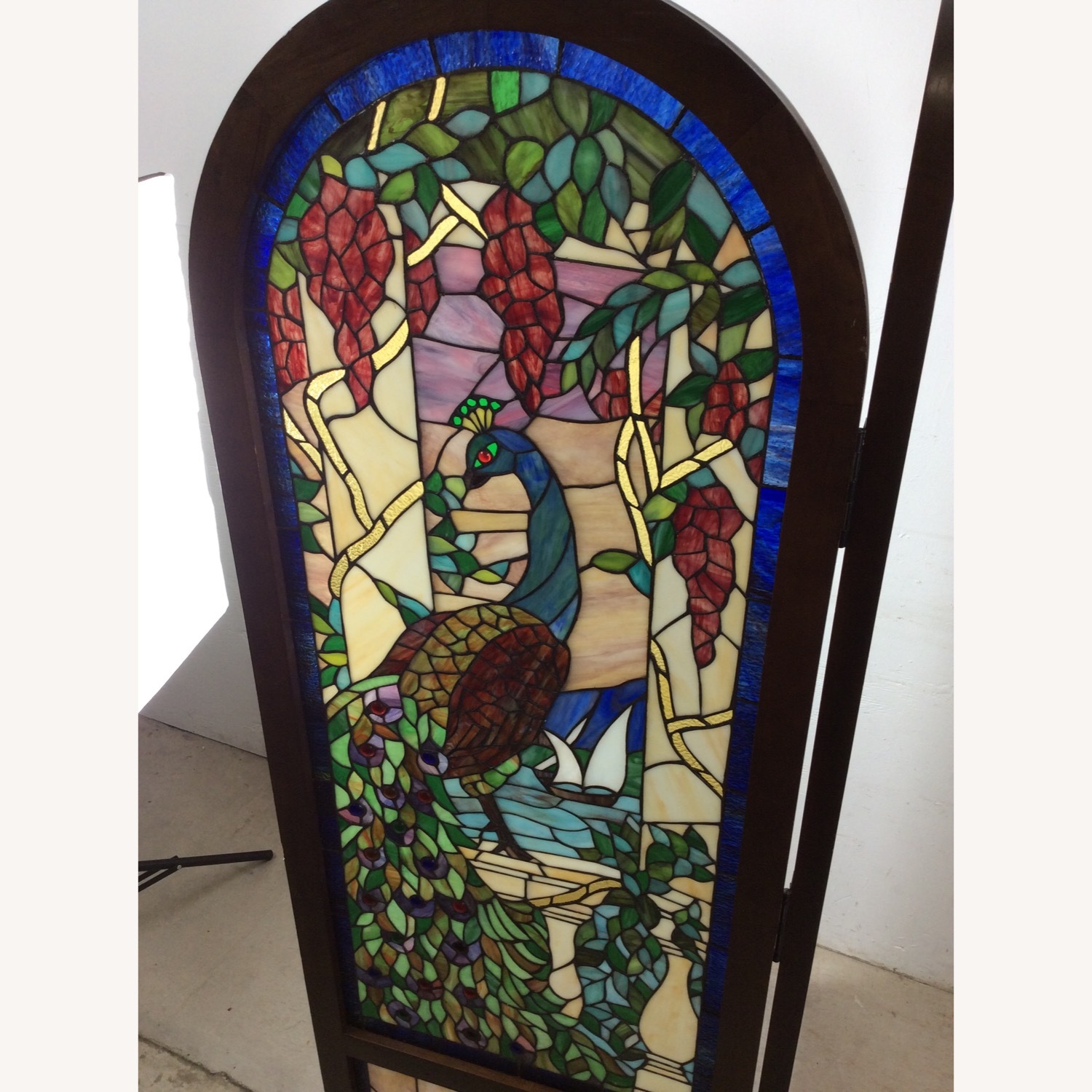 Vintage Stained Glass Peacock Room Divider Screen - image-11