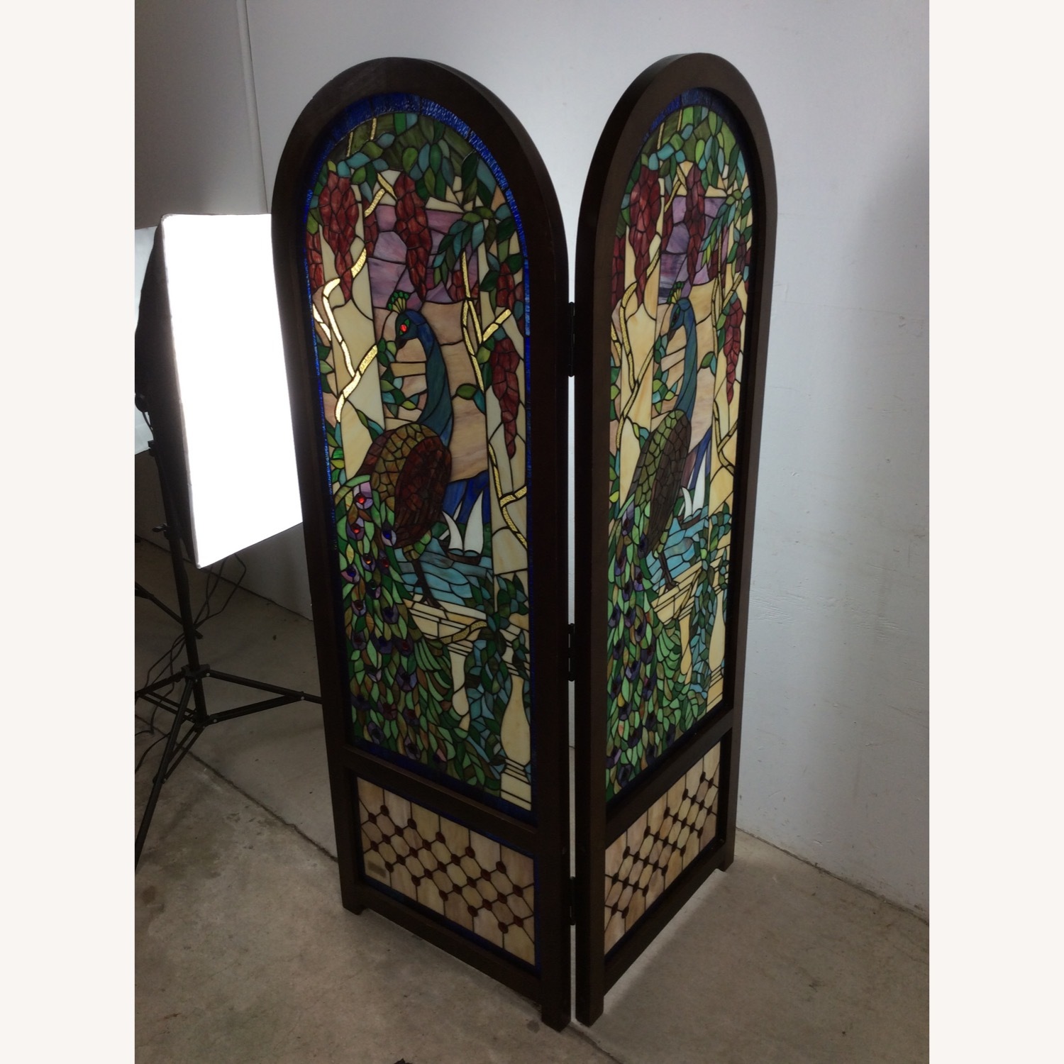 Vintage Stained Glass Peacock Room Divider Screen - image-9