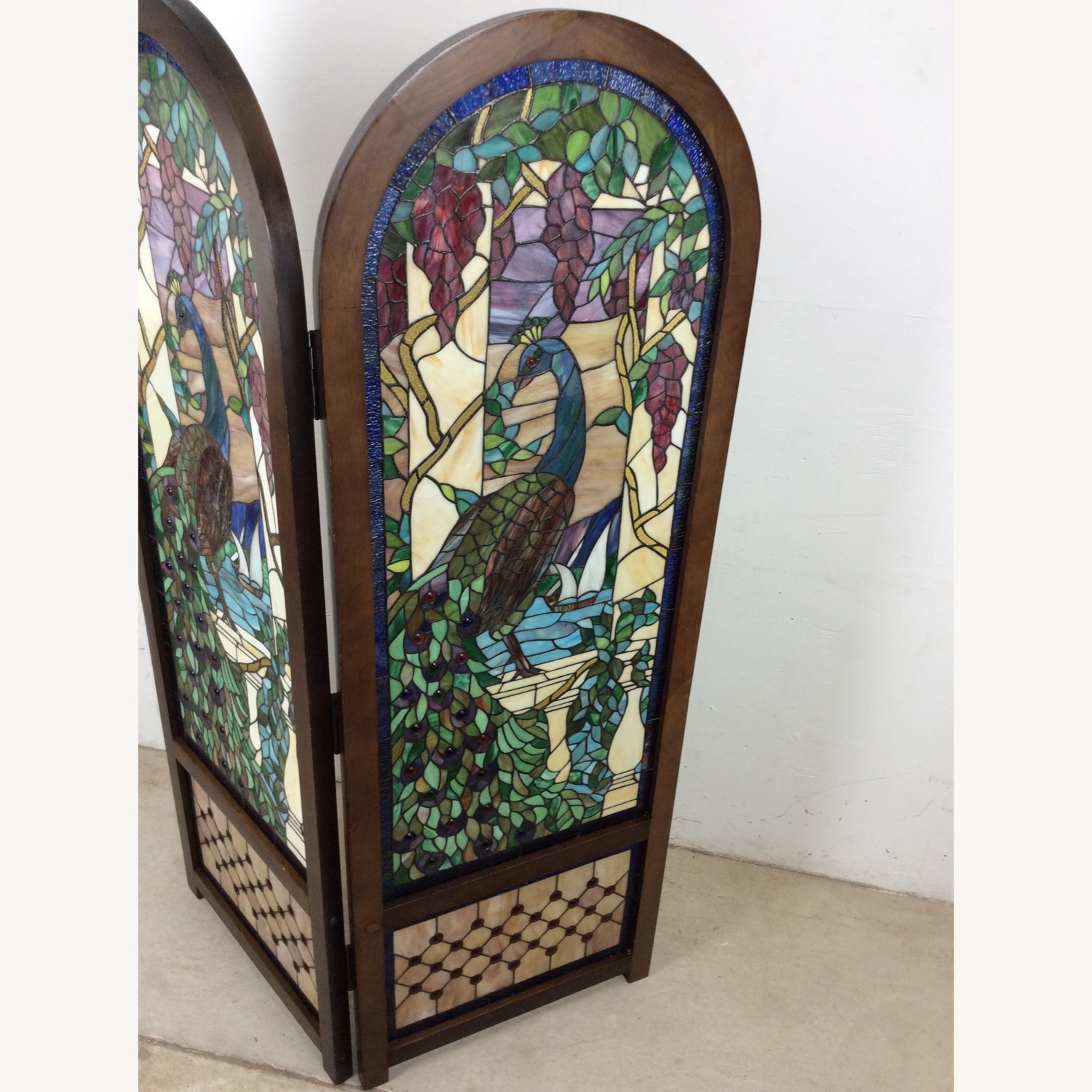 Vintage Stained Glass Peacock Room Divider Screen - image-6