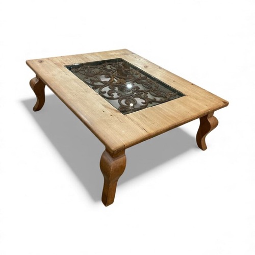 Used Rustic Wood w Glass Insert Coffee Table for sale on AptDeco