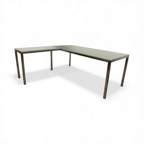 Used Room & Board Parsons Stainless Steel & Glass L-Shape Desk for sale on AptDeco