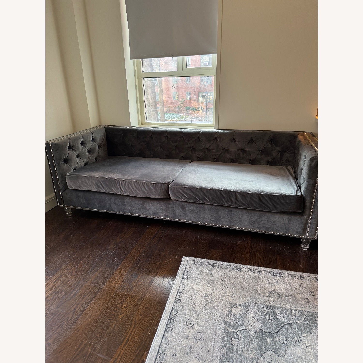 Gray Tufted Sofa with Nailhead Trim - image-1