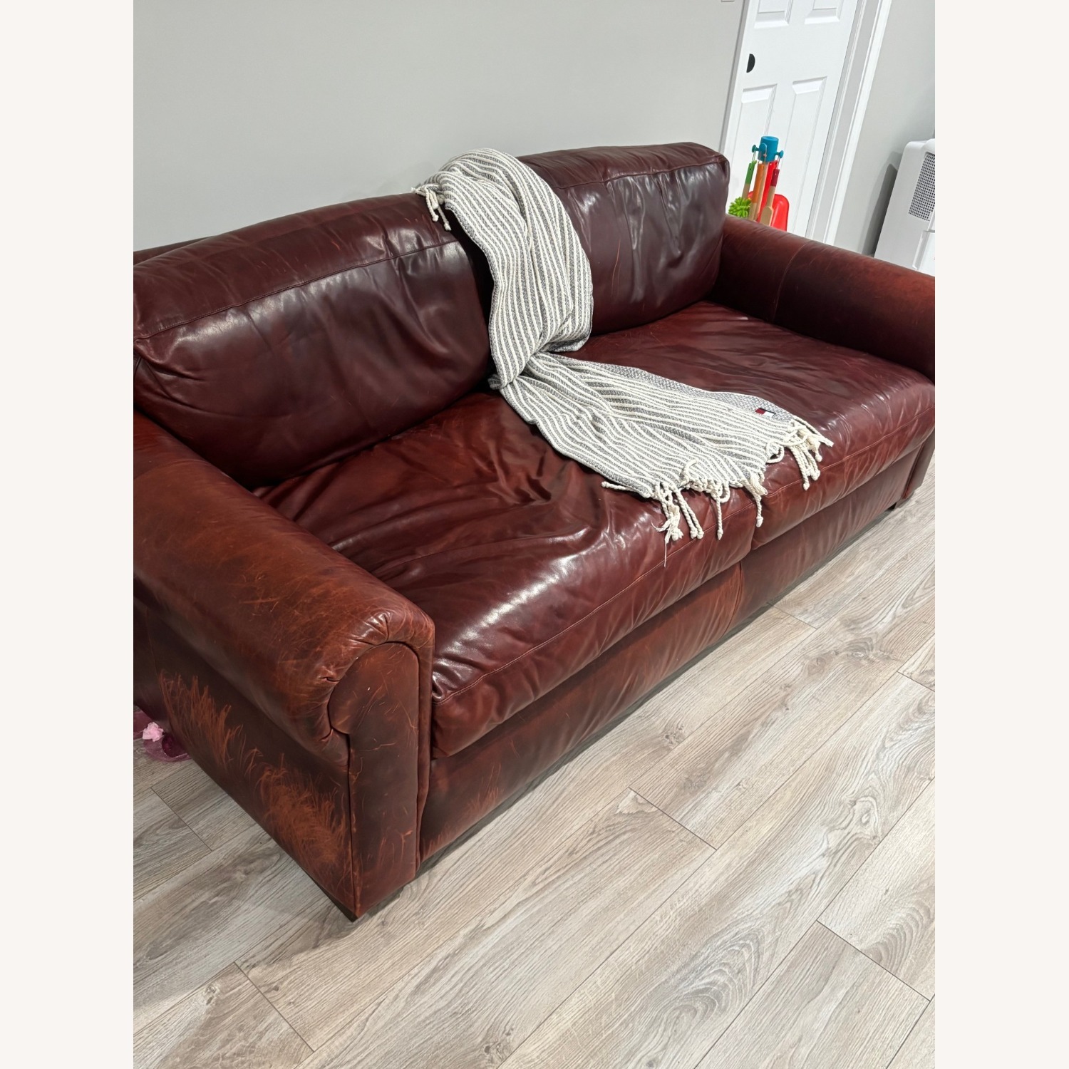 Restoration Hardware Red Leather 2 Seater Sofa - image-2