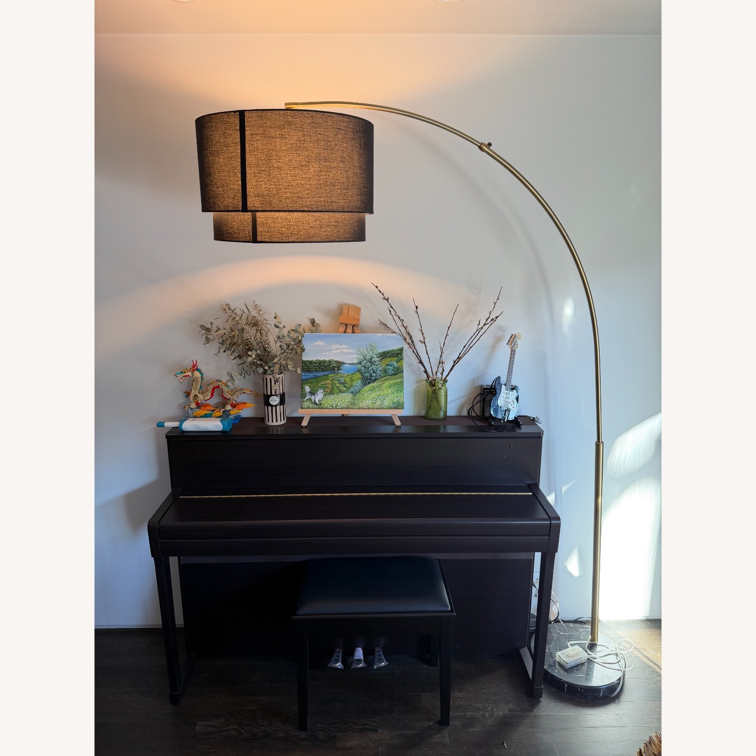 Meryl Arc Brass Floor Lamp with Black Shade - image-2