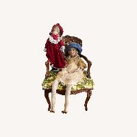 Seated 2 Antique Dolls on Wooden Chair