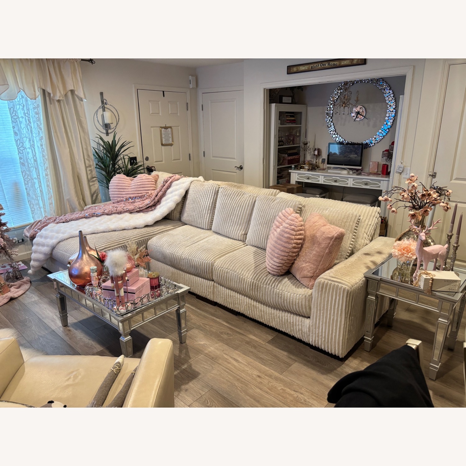 Jennifer Convertibles 3-peice Fabric Sectional With Chaise, Ivory  - image-2