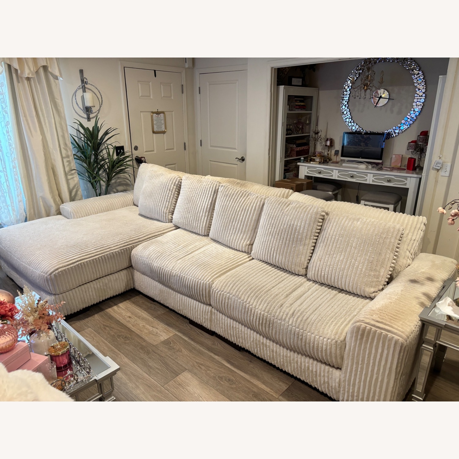 Jennifer Convertibles 3-peice Fabric Sectional With Chaise, Ivory  - image-1