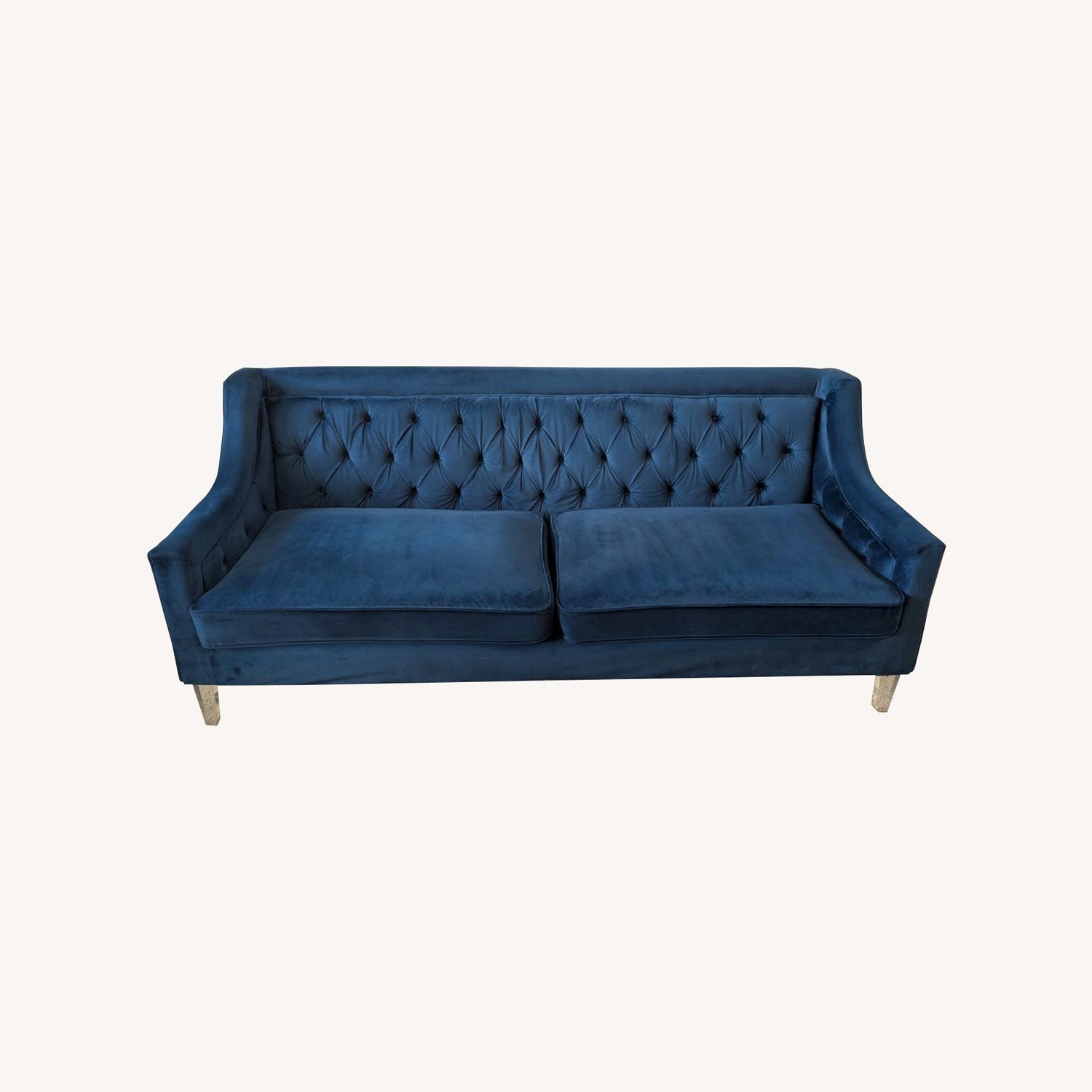 American Signature Blue Velvet Tufted Sofa - image-0