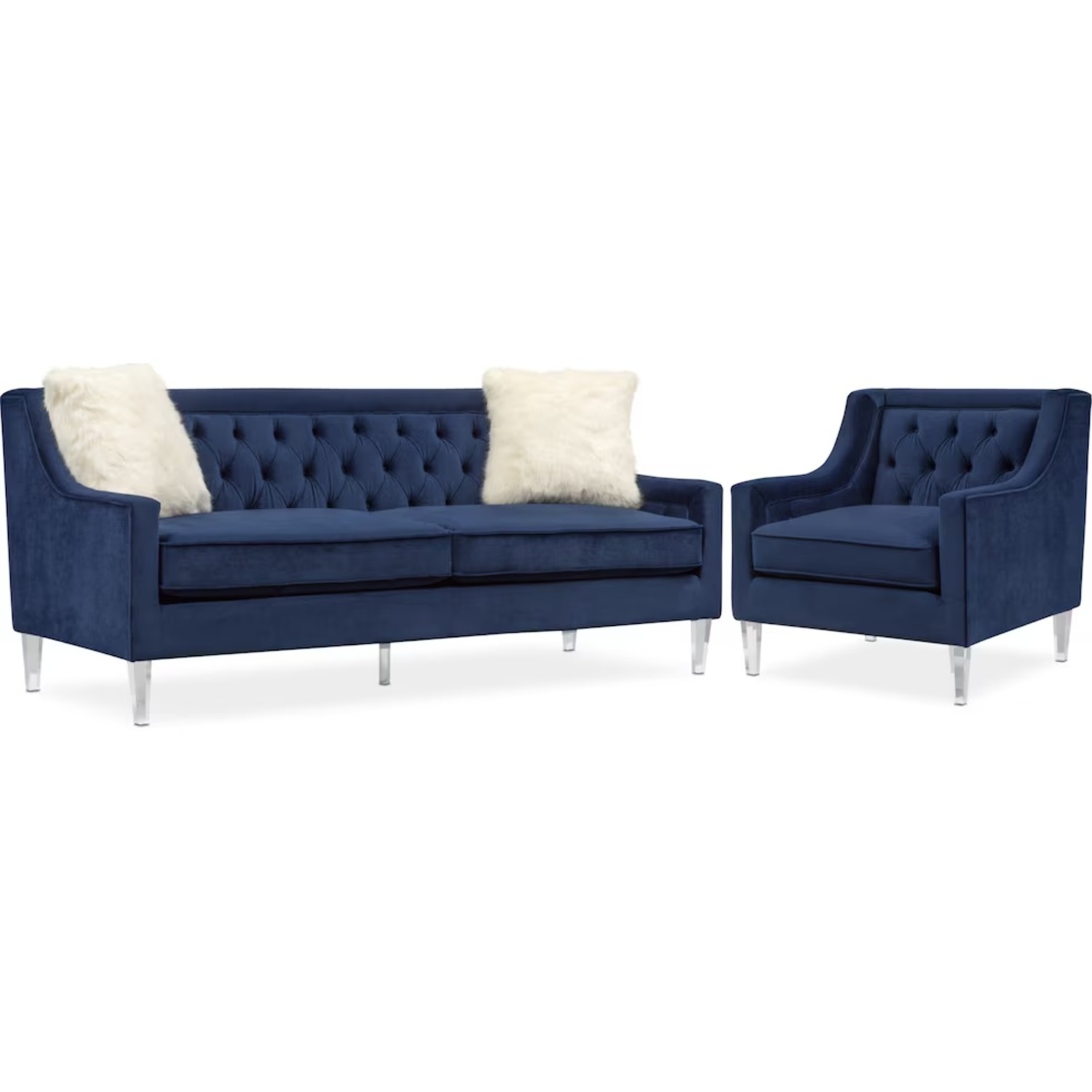 American Signature Blue Velvet Tufted Sofa - image-5
